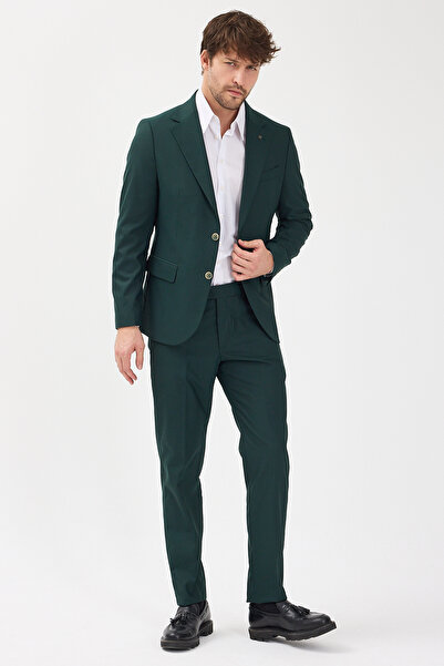 Frappoli Savin Men's Green Polyviscon Fabric Mono Collar Cover Pocket Half Lining Slim Fit 2-Piece Suit