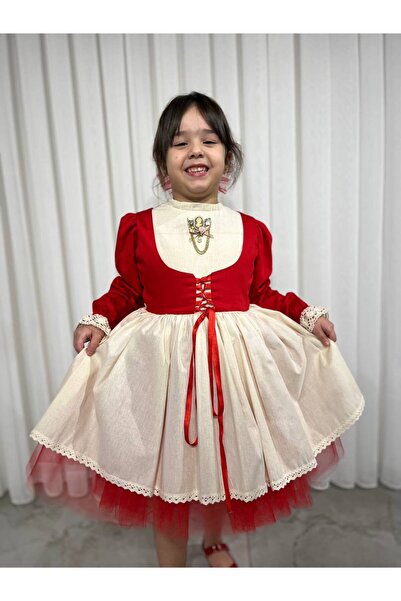 Sare Çocuk Giyim Girl's Premium Deluxe Red Lace-Up Vest Detailed Special Occasion Cosplay Dress + Buckle