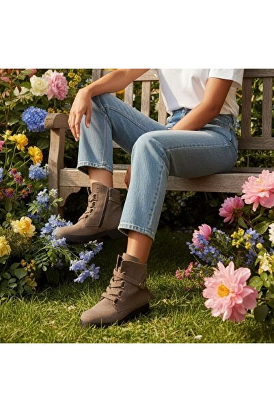 NE&VE SHOES Γυναικείες μπότες με φερμουάρ από γνήσιο δέρμα σε μπεζ σουέντ με κορδόνια