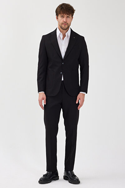 Frappoli Caserta Men's Black Polyviscon Fabric Mono Collar Bag Pocket Half Lining Slim Fit 2-Piece Suit