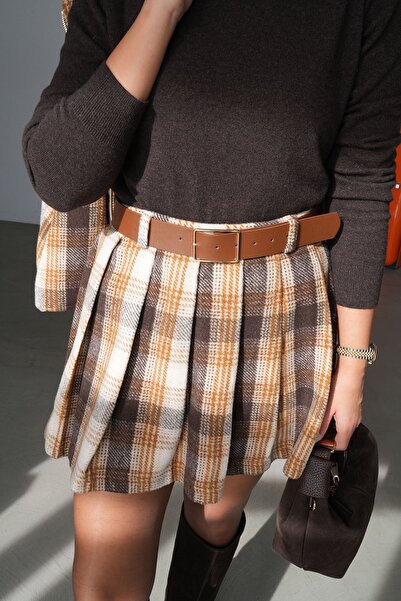 Özge Özgenç Pleated Plaid Belted Mini Skirt