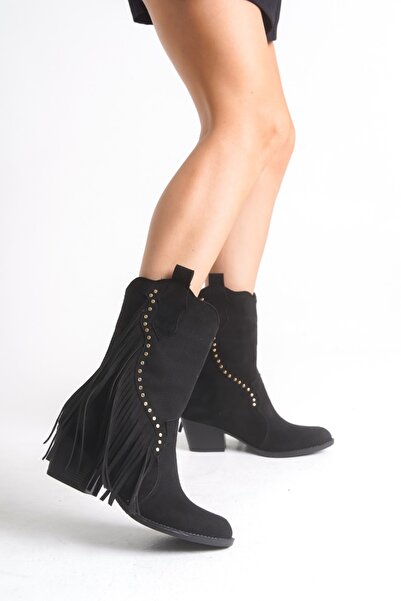 Yazın Ayakkabıları SİYAH SÜET YANI PÜSKÜL DETAYLI KOVBOY ÇİZME