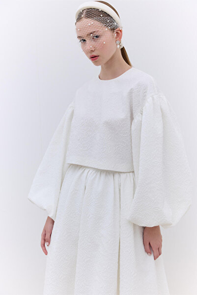 Manuka Pearl-Detail Jacquard Skirt Ecru