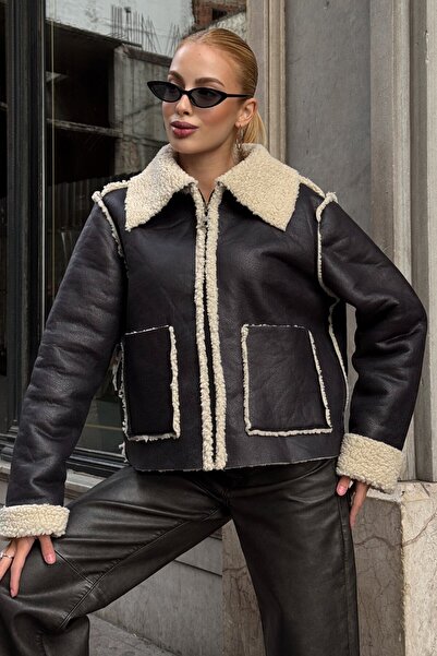 VAGGON Women's Beige Black Double Pocket Faux Fur Inside Faux Leather Biker Jacket Prm0408
