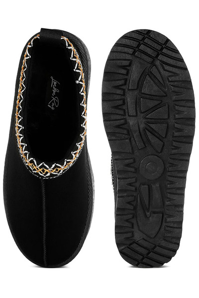 london Rag Women Black Embroidered Platform Fur Classic Slip-On