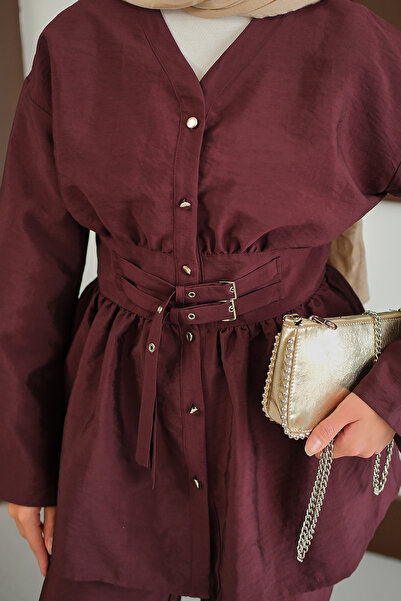 LOCCO Women's Belt Detail Two-Piece Set Burgundy