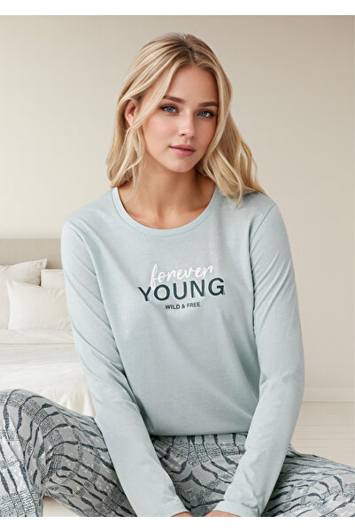 Loule Women's Mint “Forever Young” Text Printed %50 Cotton %50 Modal Pajama Set