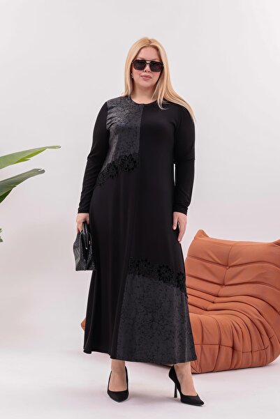 Siyezen Plus Size Leather-Look Floral Detailed Dress