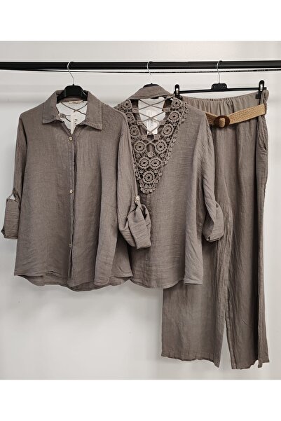 della moor Women's Mink Italian Linen Suit with Lace Back, Includes Pants and Shirt