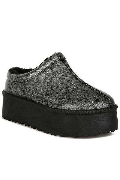 london Rag Women Metallic Faux Leather Platform Classic Slip-On in Black