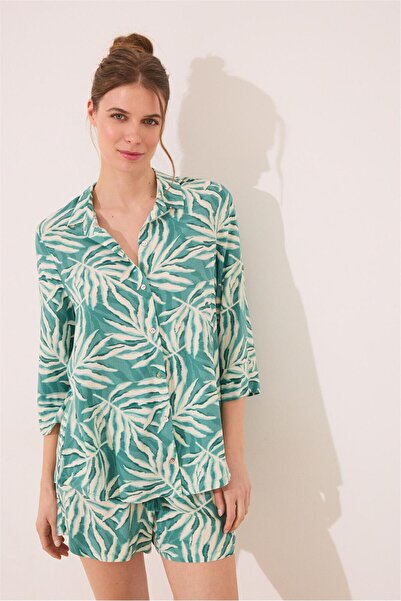 Perspective Women Secret Green Patterned Shirt Collar Shorts Pajama Set