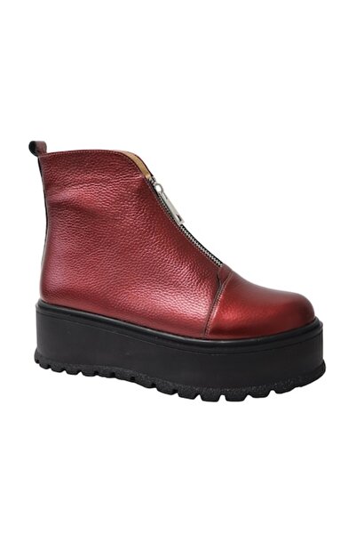Mateo Shoes - Women's boots with platform and half zipper, Genuine Leather, Red