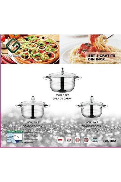 GRÜNBERG 6-piece set: 3 stainless steel pots, induction compatible, with glass lids, Grunberg GR1061