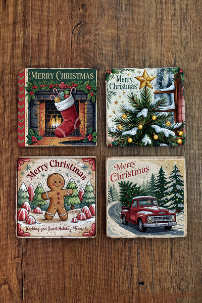 Begoloni Stone Decor Natural Stone Coaster - Vintage Christmast Printed 10X10...