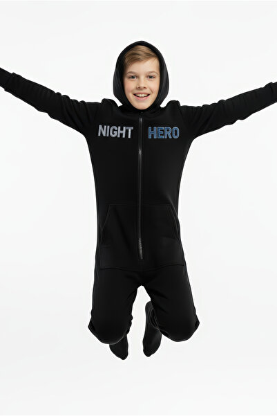 Kyron Cotton Pocket Detailed Zippered Hooded Boys' Jumpsuit Night Hero-Black