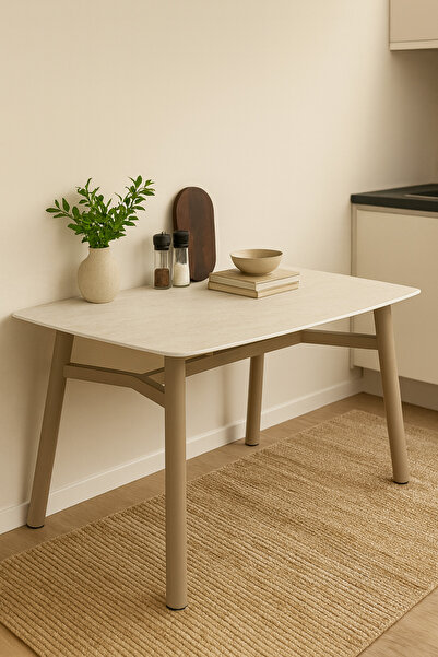 UMS MOBİLYA Traverten Ahşap Üst Tablalı | Cappucino Metal Ayaklı Modern Yemek...