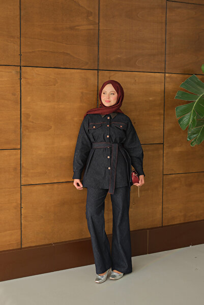 LOCCO Women's Waist-Tie Denim Suit Navy Blue