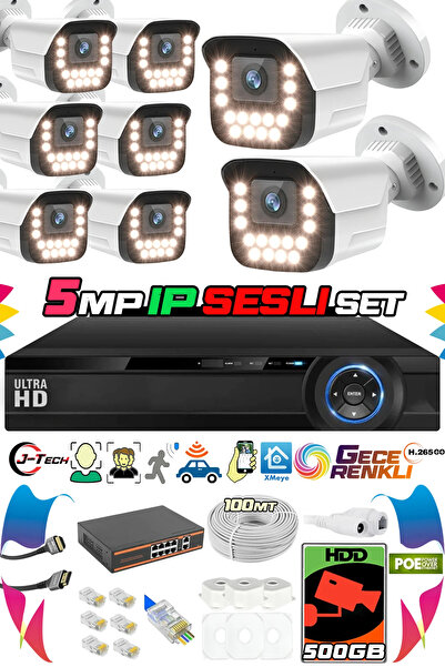 J-TECH 8 Kameralı IP Set 500GB 9090 5MP Mikrofonlu HD Gece Renkli Güvenlik Kamerası Sistemi -Cepten izle