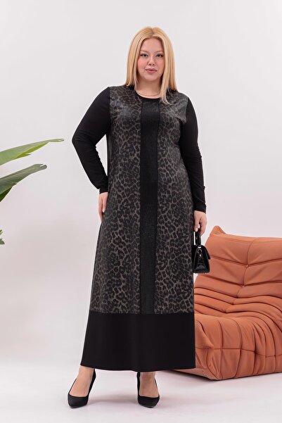 Siyezen Plus Size Leopard Detailed Rhinestone Dress
