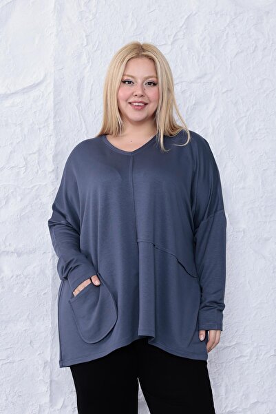 Siyezen Plus Size Oversized Modal Blouse with Pocket Detail