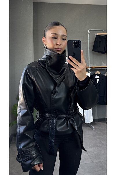 YOUR NAME Dik Yaka Kuşaklı Kısa Deri Ceket