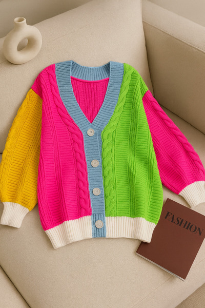 FEMELLE Women's Oversize Knitwear Cardigan Multi-Colored Loose Block Patterned