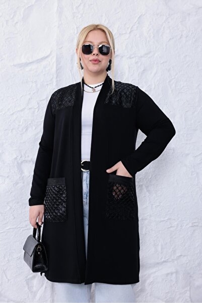 Siyezen Plus Size Cardigan with Pockets Organza Tulle Detail