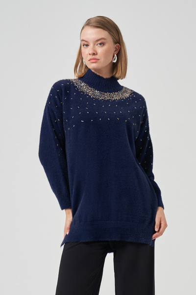 Nuss Beaded Angora Sweater 7003 Navy Blue