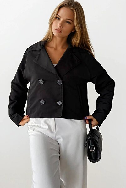 VAGGON Women's Black Double-Breasted Collar Lined Short Trench Coat Vs01185