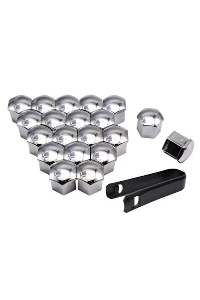 Universal Set of 20 Decorative Lug Nut Covers 19 mm + removal key, plastic, Silver