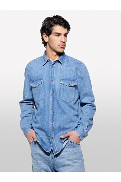 Sisley 100% Cotton Regular Fit Denim Shirt with 2 Front Pockets Men's Blue Denim Shirt - 325P53Gesq04G