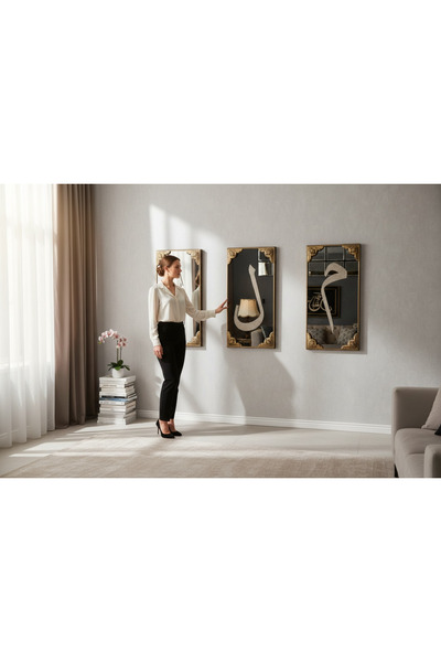 Amisos Dekor Elif Lâm Mîm 3’lü Eko Set – 30x60 Gold Çerçeveli Bronz Aynalı, Kristal Taş İşlemeli Dekoratif Tablo
