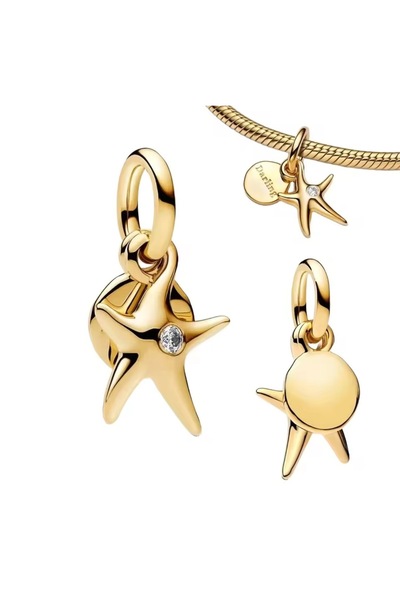POSEİDONS JEWELLERY Gold Color Starfish Double Dangle Charm S925 Sterling