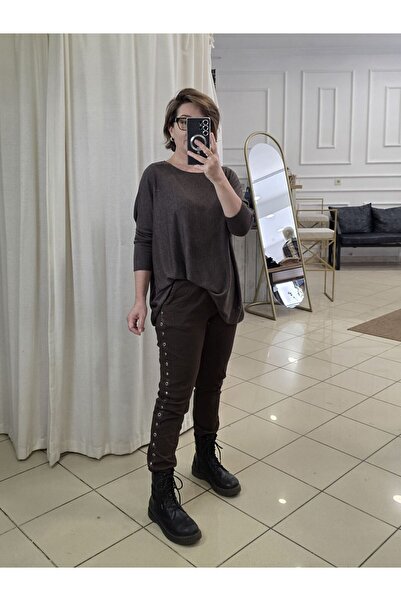 pudubutik Studded Stretch Fabric Italian Trousers Brown