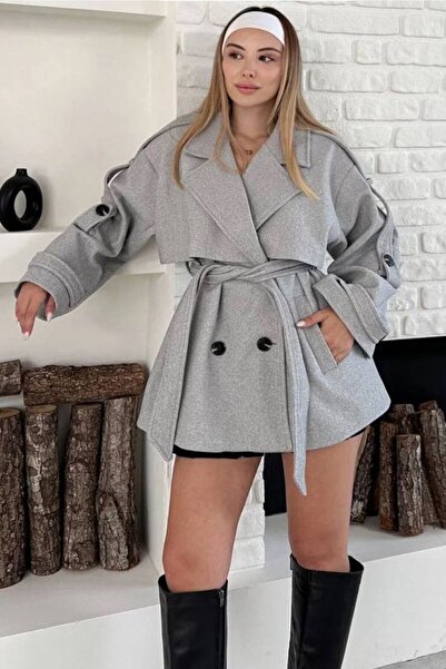 VAGGON Women's Gray Double-Breasted Collar Belted Cashmere Coat Vs01647
