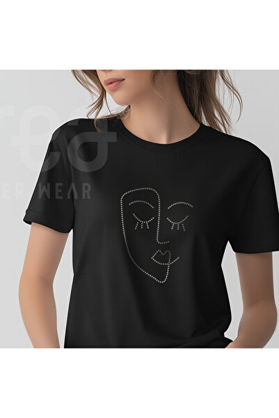 Crea Eymer Wear Artistic Crystal Stone Printed Cotton Crew Neck T-Shirt Black