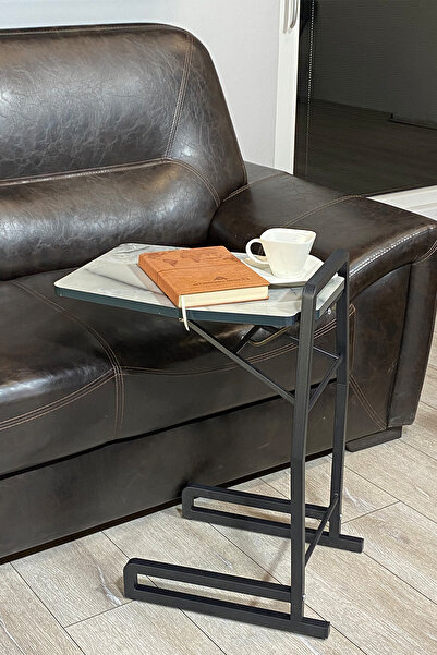 ALCHAİR Tagzo Serisi MDF Gri Mermer Desen Katlanabilir Tekerlekli Yan Sehpa S...