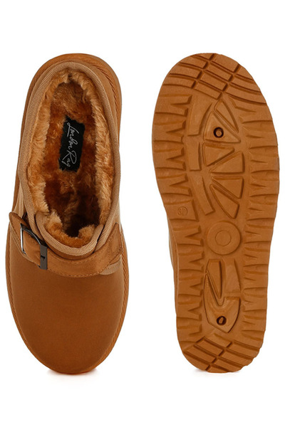 london Rag Women Buckle Strap Fur Platform Classic Slip-On in Tan