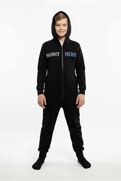 Kyron Cotton Pocket Detailed Zippered Hooded Boys' Jumpsuit Night Hero-Black