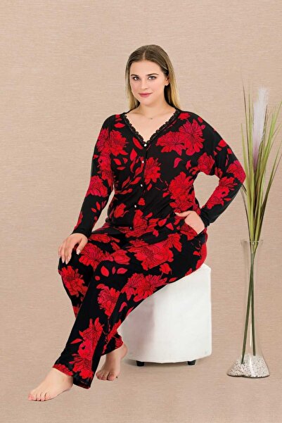 tarzımsüper Plus Size Premium Comfort Series Cotton Soft Texture Front Button Lace Luxury Pajamas Set