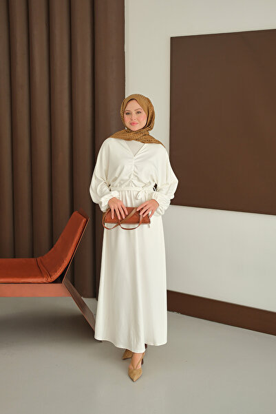 LOCCO Women's Drawstring Detail Dress Ecru