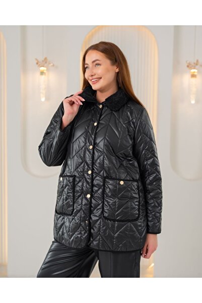 FUERTE XL Plus Size Fur Collar Quilted Stitched Coat