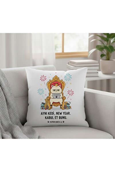 Arabamakss Yılbaşı Kedi Tasarımlı Saten Yastık Kılıfları – 40X40 cm(iç dolgu ...