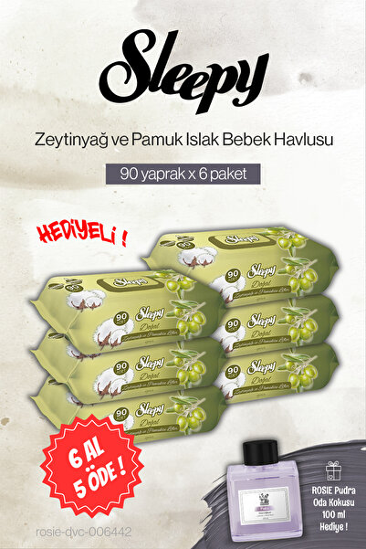 Sleepy 90'lı 6 AL 5 ÖDE Zeytinyağ ve Pamuklu Bebe Islak Havlu, Rosie Pudra Od...