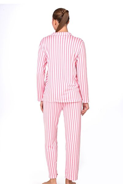 Kompedan Pembe Çizgili Lizbon Kumaş İçi Şardonlu Önden Düğmeli Kadın Pijama Takımı