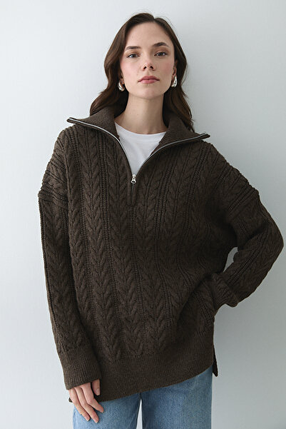 Laluvia Brown Hair Braided Zippered Sweater - 251066