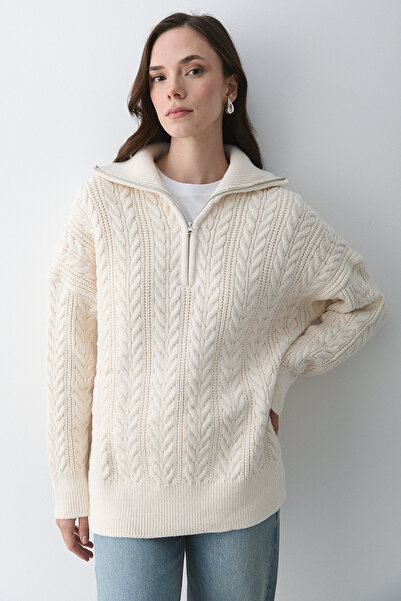 Laluvia Cream Hair Braided Zippered Sweater - 251066
