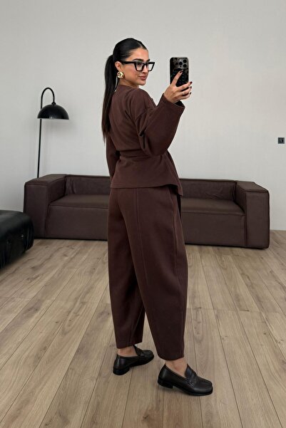 SHILSEE BEUTİQUE Women's Large Buttoned Waist Belted Knitwear Set Brown