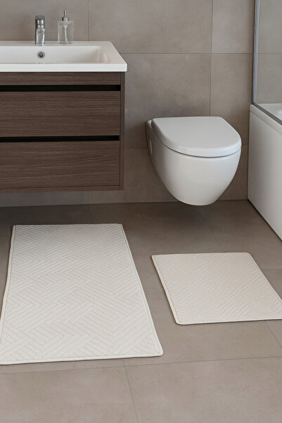 Geus Halı Bathroom Mat Set of 2 Cream Soft Non-Slip Base Washable Stain Resis...