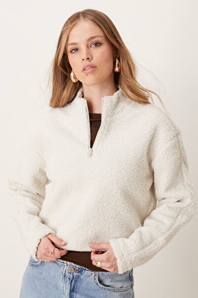 Calvin Klein Sport Sherpa Half Zip Sweatshirt Women's Half Zipper Relaxed Fit Crop Fleece Sweatshirt